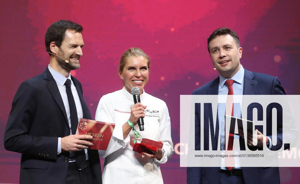 Michelin Guides International Director Gwendal Poullennec, Biologie chef Yekaterina Alyokhina, and journalist Sergei Krasnov (L-R) attend a ceremony held at the Zaryadye Concert Hall to award Michelin stars to Moscow restaurants and chefs as well as to introduce the first Michelin Guide to Moscow. Vyacheslav Prokofyev TASS TS1143EB