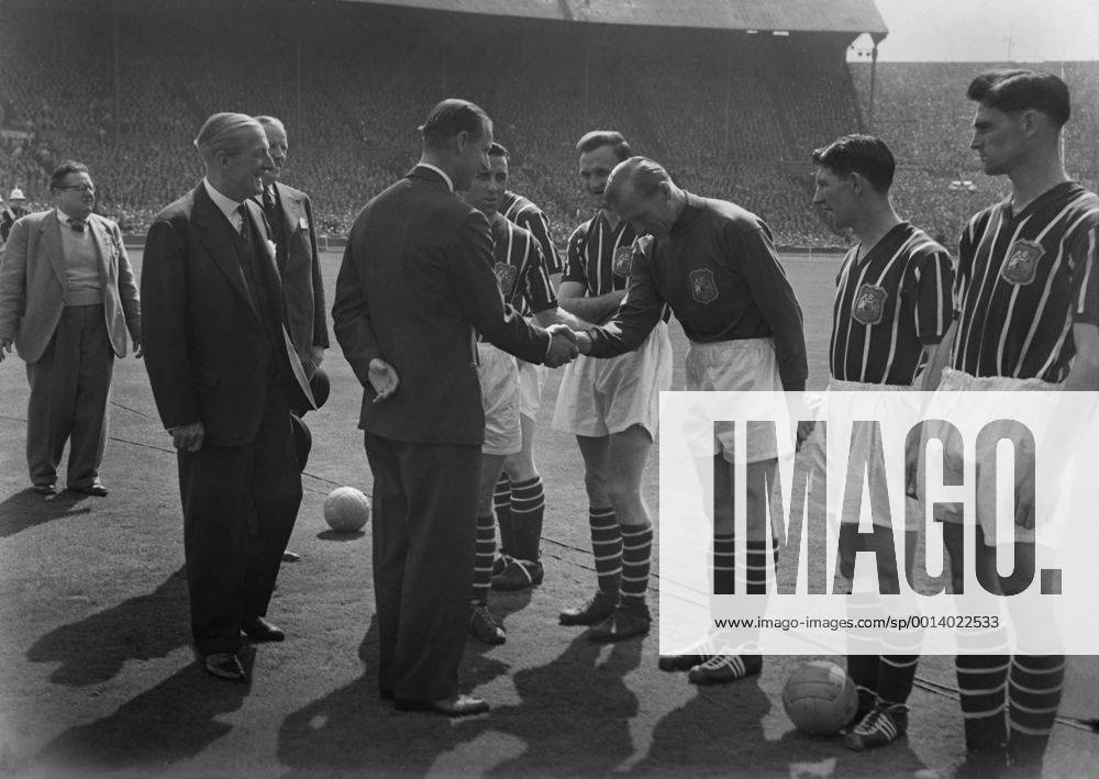 Football - 1956 FA Cup Final - Manchester City 3 Birmingham City 1 Manchester City goalkeeper Bert Trautmann is introduced to HRH Prince Philip, the Duke of Edinburgh, before kick-off at Wembley. 05 05 1956