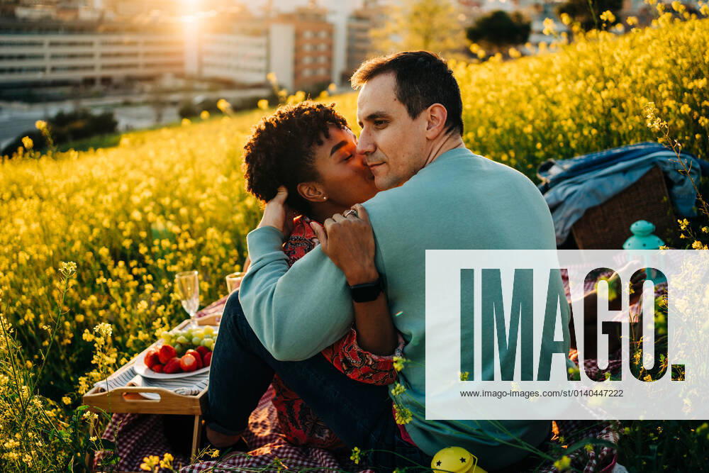 Young African American lady with curly hair embracing and kissing cheek of romantic boyfriend with closed eyes during picnic on blooming meadow on sunny day, Model released JakeJakab_EliAndSergio_7.jpg