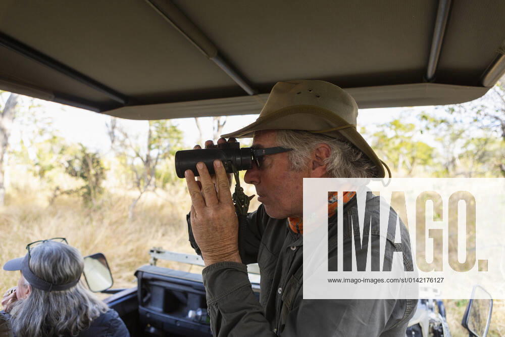 Safari guide using binoculars in a jeep with a family Okavango Delta,Botswana,Safari guide using binoculars in a jeep with a family Safari guide using binoculars in a jeep with a family