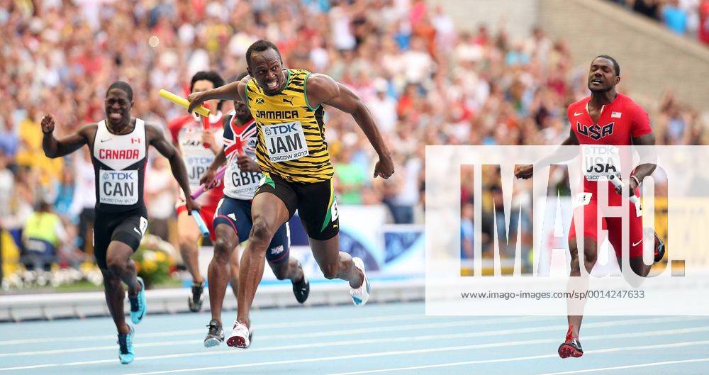 (130818) -- MOSCOW, Aug. 18, 2013 (Xinhua) --Usain Bolt of Jamaica(2nd,R) crosses the finish line druing the men s 4X100 Meters Relay final at the 14th IAAF World Athletics Championships 2013 in Moscow, Russia on Aug. 18, 2013. Team of Jamica won the gold with 37.36 seconds. (Xinhua Li Ming) (SP)RUSSIA-MOSCOW-ATHLETICS-IAAF WORLD CHAMPIONSHIPS