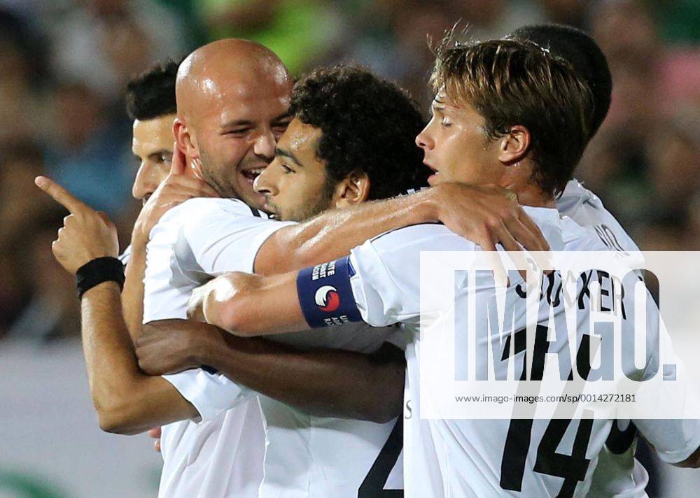 Sofia(Bulgaria) PFC Ludogorets-FC Basel Razgrad UEFA Champion League play off men s football Arlind Ajeti (L) with Mohamed Salah(C) with Valentin Stocker(R) FC Basel celebration