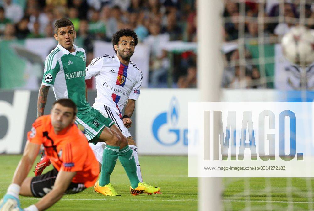 Sofia(Bulgaria) PFC Ludogorets-FC Basel Razgrad UEFA Champion League play off men s football Mohamed Salah(2nd from left behind)FC Basel scoring goal on the match beside Junio Caicara(Left behind) PFC Ludogorets