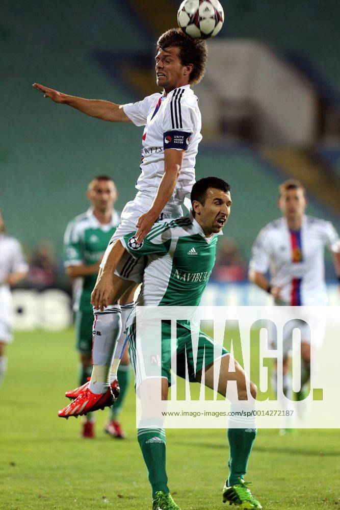 Sofia(Bulgaria) PFC Ludogorets-FC Basel Razgrad UEFA Champion League play off men s football Valentin Stocker (up) FC Basel and Svetoslav Dyakov(down) PFC Ludogorets