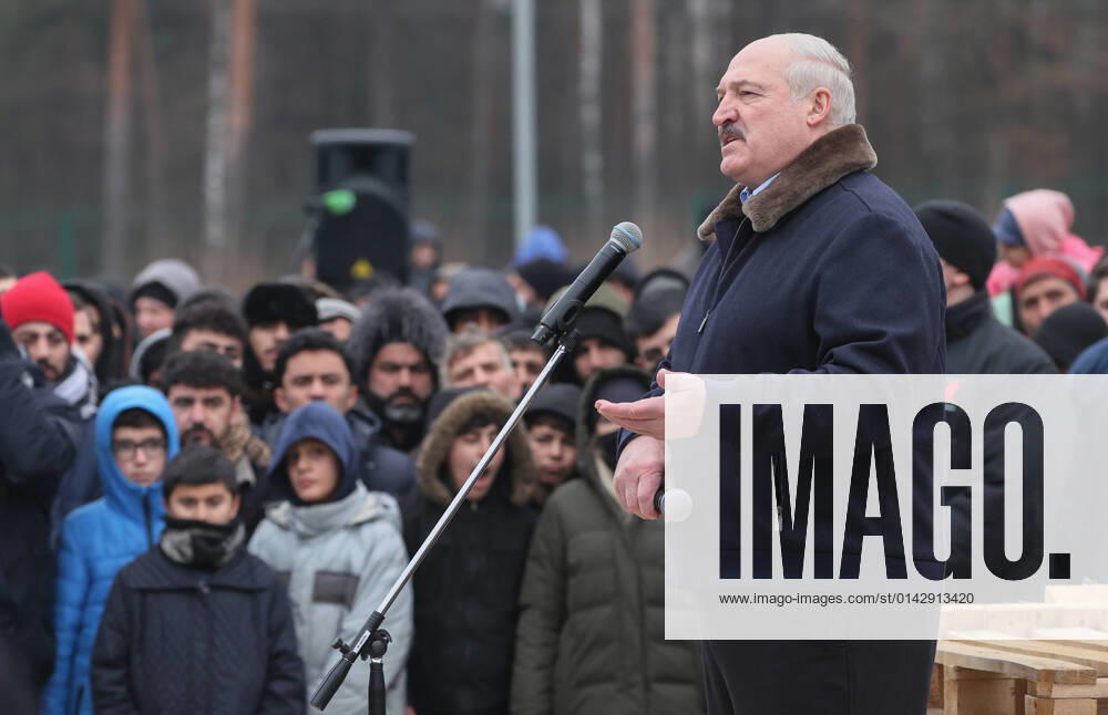 Belarus†President Alexander Lukashenko addresses migrants by the Bruzgi Transport and Logistics Centre, some 1.5 km northeast of Kuznica Bialostocka-Bruzgi border crossing on the Belarusian-Polish border. The migrant crisis on the border of Belarus with Poland, Lithuania, and Latvia escalated on November 8. Sergei Bobylev TASS TS1196E9