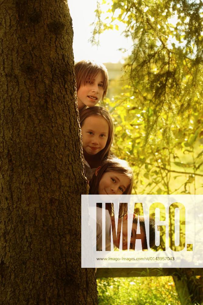 IMAGO Creative, Jahreszeit Sommer, Sommerferien Kids Hiding Behind Tree Trunk