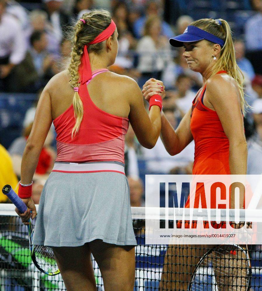 Victoria Azarenka of Belarus (L) and Daniela Hantuchova of Slovkia shake hands after Azarenka won their quarter-finals match at the U.S. Open Championship held at the USTA Billie Jean King National Tennis Center on September 4, 2013 in New York City. . UPI Photo Monika Graff NYP20130904315