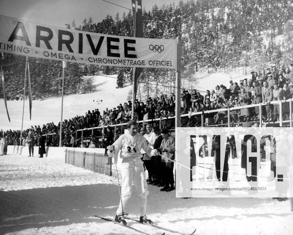 1948 Winter Olympics - Switzerland Nils Karlsson of Sweden as he arrives at the finishing line at the end of the Cross Country race at St Moritz. It was first thought that he was the winner, until it was later officially announced that the first place had been taken by his countryman Martin Lundstroem. 2nd February 1948, Olympia, Olympiade, Olympische Spiele UnitedArchives00594903