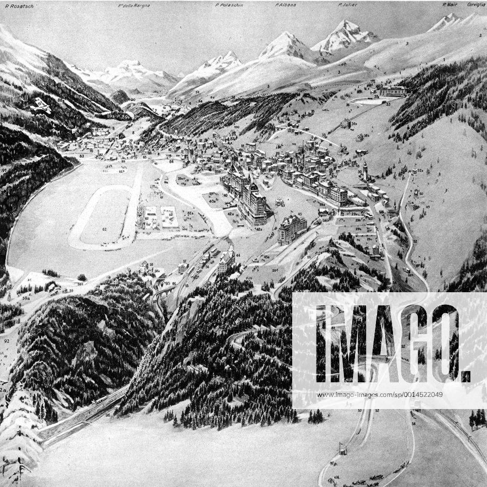 Where the Olympic Winter games will take place: St Moritz, Switzerland. Showing the Cresta and Bobsleigh Runs (Starting together, in the right foreground) 21 January 1928 Â UnitedArchives01026495