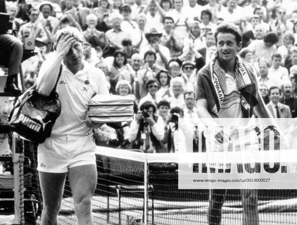 Boris Becker (BR Deutschland, li.) - Abgang nach Niederlage, re. der siegreiche Peter Doohan (Australien)