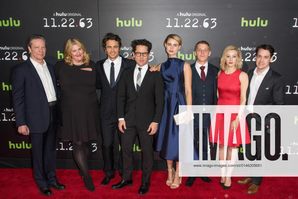 L to R: CHRIS COOPER, BRIDGET CARPENTER, JAMES FRANCO, J.J. ABRAMS, LUCY FRY, DANIEL WEBBER, SARAH GADON, and T.R. KNIGHT at the premiere of 11.22.63 at The Bruin Theatre in Los Angeles, California Los Angeles USA - ZUMAs247 20160211_zep_s247_038