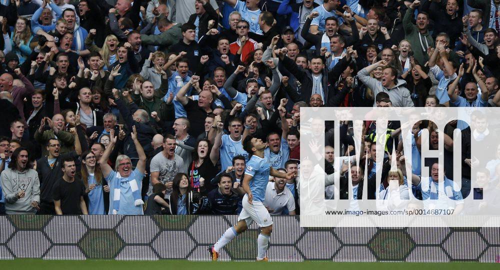 MANCHESTER, Sergio Aguero of Manchester City celebrates scoring during the Barclays Premier League match between Manchester City and Everton at Etihad Stadium in Manchester, Britain on Oct. 5, 2013.(Xinhua Wang Lili) FOR . NOT FOR SALE FOR MARKETING OR ADVERTISING CAMPAIGNS. NO USE WITH UNAUTHORIZED AUDIO, VIDEO, DATA, FIXTURE LISTS, CLUB LEAGUE LOGOS OR LIVE SERVICES. ONLINE IN-MATCH USE LIMITED TO 45 IMAGES, NO VIDEO EMULATION. NO USE IN BETTING, GAMES OR SINGLE CLUB LEAGUE PLAYER PUBLICATIONS. (SP)BRITAIN-MANCHESTER-SOCCER-PREMIER LEAGUE-MAN CITY VS EVERTON