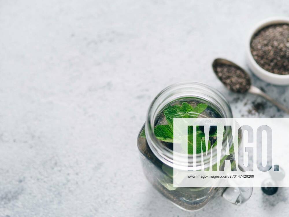 Mint and blueberry chia water in mason jar, 27.09.2021,