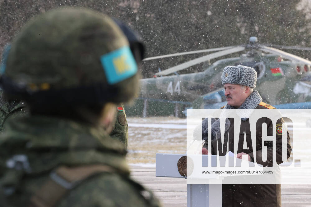 (220116) -- MINSK, Jan. 16, 2022 () -- Belarusian President Alexander Lukashenko speaks while greeting Belarusian servicemen at a military airfield in Minsk, Belarus, on Jan. 15, 2022. Lukashenko on Saturday praised the role of the peacekeeping forces of the Collective Security Treaty Organization (CSTO) while greeting Belarusian servicemen participating in the operation in Kazakhstan at a military airfield. () BELARUS-MINSK-PRESIDENT-CSTO Xinhua