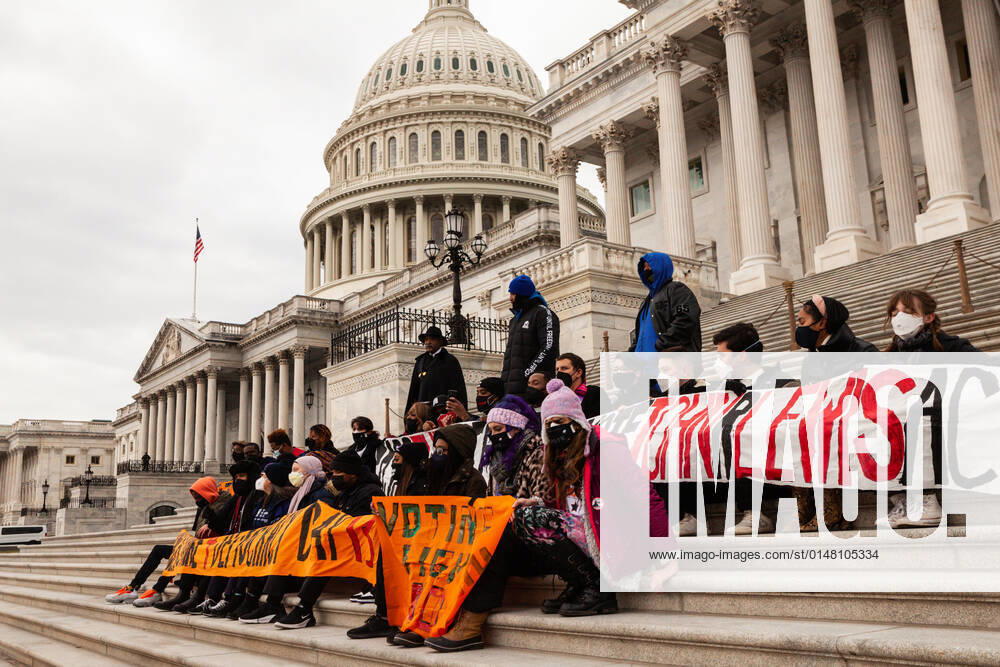 Hunger Strike for Voting Rights Faith Leaders and hunger strikers sit on the steps of the Senate chamber at the US Capitol in a civil disobedience action for voting rights. They are demanding passage of the John Lewis Voting Rights Advancement Act to protect the right to vote. This is a result of the passage of voting restriction laws in 19 states in the last year. Washington DC United States