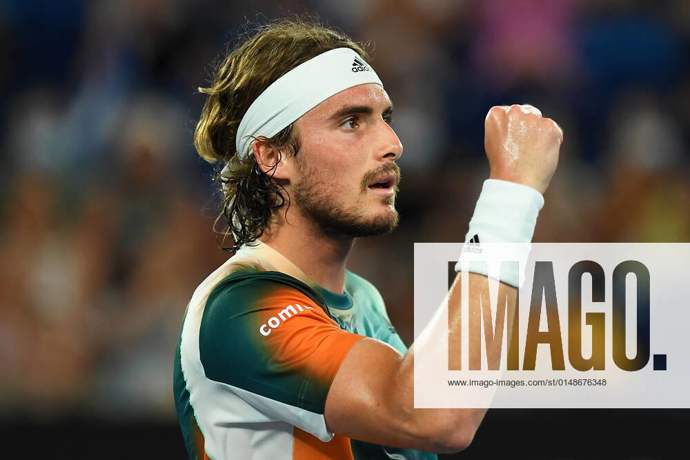TENNIS AUSTRALIAN OPEN, Stefanos Tsitsipas of Greece reacts after winning a set during his 4th round singles match against Taylor Fritz of the USA on Day 8 of the Australian Open, at Melbourne Park, in Melbourne, Monday, January 24, 2022. ( NO ARCHIVING, , NO USE IN BOOKS WITHOUT CONSENT MELBOURNE VIC AUSTRALIA