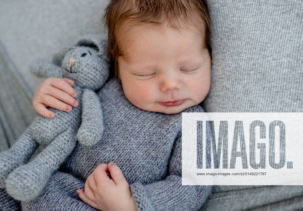 Newborn baby boy portrait Newborn baby boy wearing in knitted costume sleeping and holding toy bunny. Infant kid studio portrait with decoration