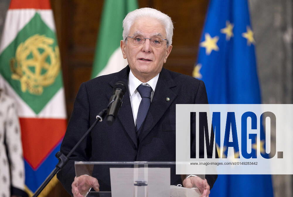 Re-elected Italian President, Sergio Mattarella, talks on the occasion of the communication of the outcome of the vote for his election of the President of the Republic at the Quirinale Palace in Rome, Italy, 29 January 2022. Sergio Mattarella was re-elected on the eighth ballot of MPs, Senators and regional representatives after seven inconclusive votes forced political parties to beg the outgoing head of state to rethink his retirement plans. The vote counters signalled to the 1,009 grand electors that the 80-year-old leftwing Christian, former minister and ex-Constitutional justice had reached the magic 505 vote mark, sparking a loud round of applause that lasted over four minutes. Mattarella got 759 votes out of - ZUMAa110 20220129_zaf_a110_031