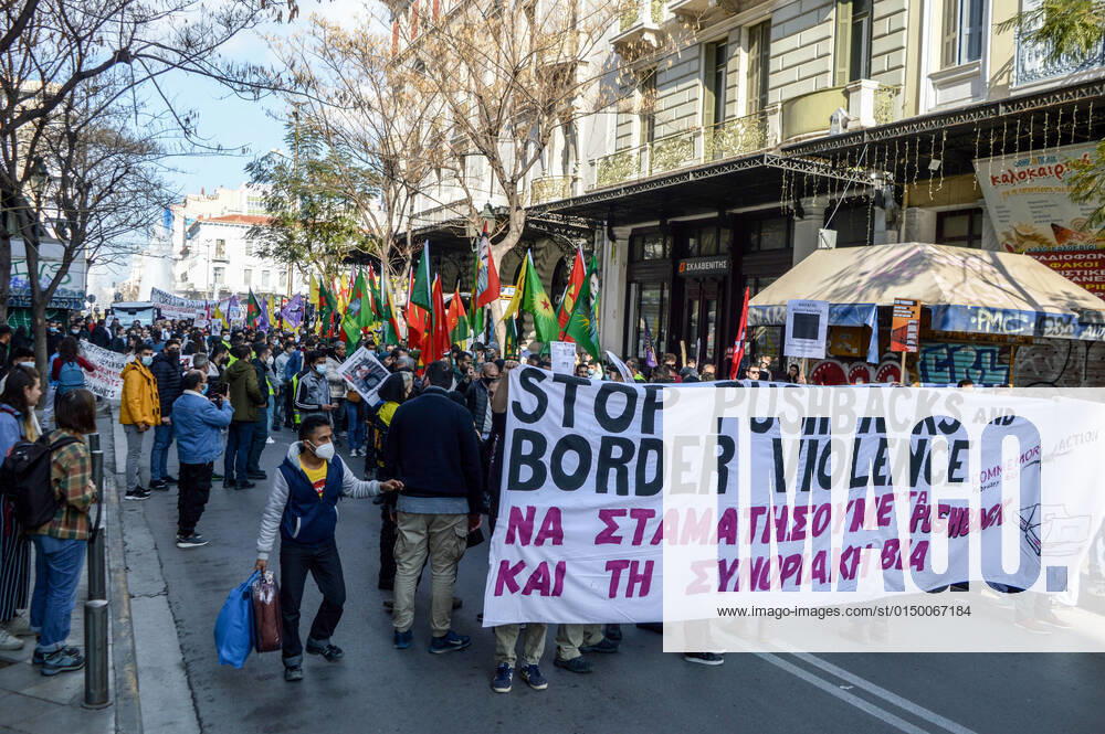 Greece: Protest against migrant pushbacks and border violence in Athens Protesters hold banner reading Stop pushbacks and border violence during a protest march against migrant pushbacks and border violence. The protest comes after Turkey has accused Greek border guards of illegally pushing the migrants back, while Athens has rejected the claims. Athens Greece