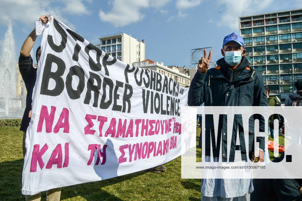 Greece: Protest against migrant pushbacks and border violence in Athens A migrant from Pakistan reacts as he stands next to a banner that reads: Stop pushbacks and border violence . Hundreds of protesters marched through central Athens Sunday in protest at what they claim are Greece s pushbacks of migrants and refugees at the border with Turkey. Athens Greece