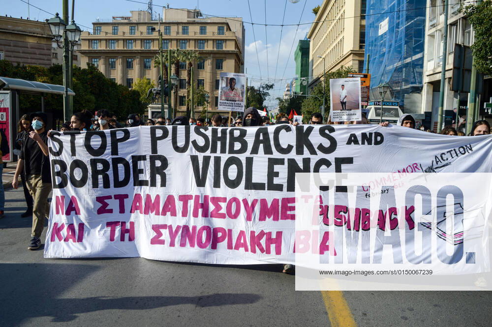 Greece: Protest against migrant pushbacks and border violence in Athens Protesters hold banner reading Stop pushbacks and border violence during a protest march against migrant pushbacks and border violence. The protest comes after Turkey has accused Greek border guards of illegally pushing the migrants back, while Athens has rejected the claims. Athens Greece