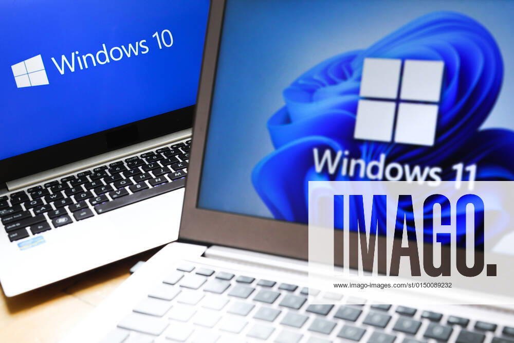 Windows 11 Vs. Windows 10 Windows 11 and Windows 10 operating system logos are displayed on laptop screens for illustration photo. Krakow, Poland on February 3, 2022. Krakow Poland
