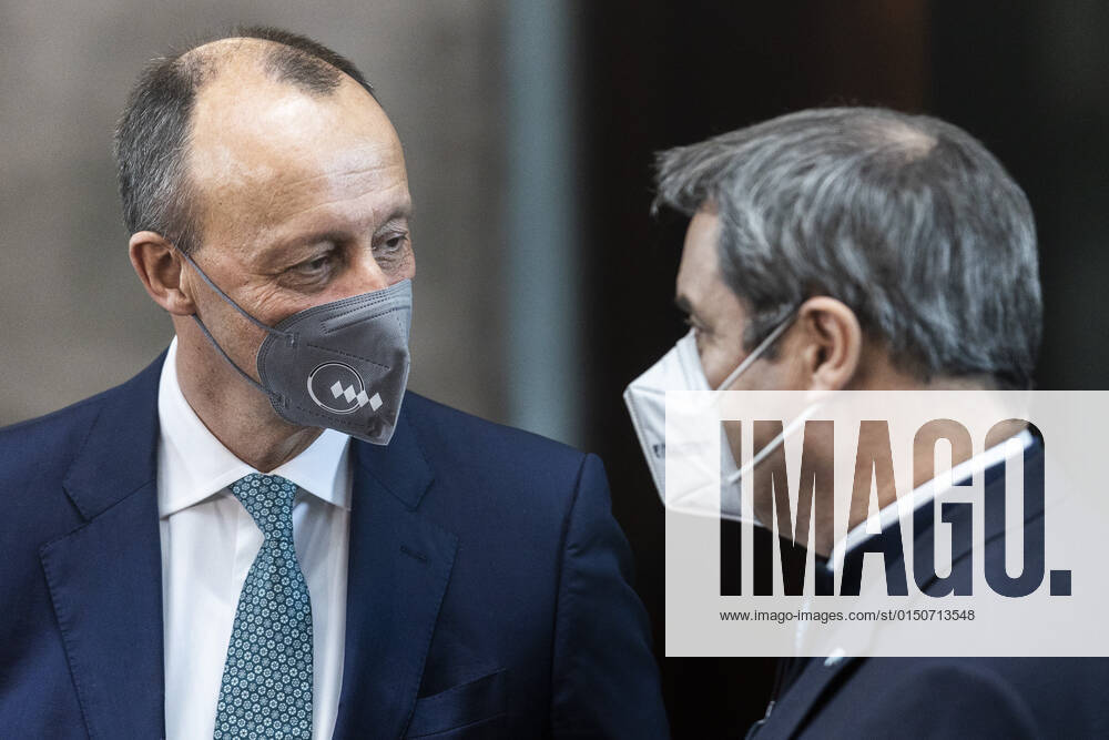 L R Friedrich Merz, CDU party leader, and Markus Soeder, State Premier of Bavaria, photographed during the Federal Convention for the Election of the Federal President at Paul Loebe Haus in Berlin, 13 02 2022 In addition to the incumbent Frank Walter Steinmeier, Gerhard Trabert, supported by Die Linke,
