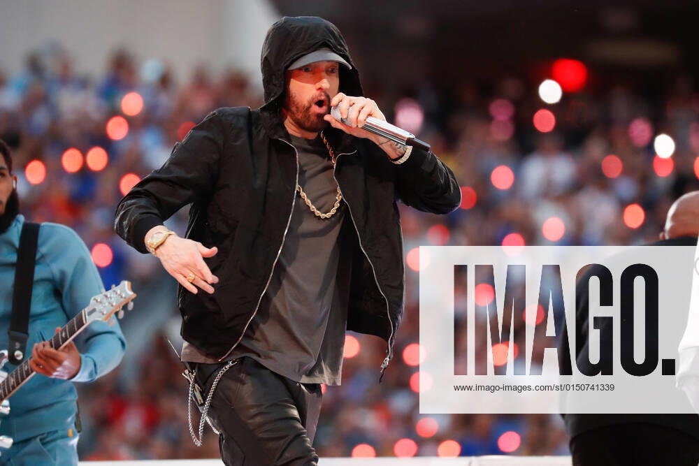 Eminem performs in the Pepsi Super Bowl LVI Halftime Show during Super Bowl LVI between the Cincinnati Bengals and Los Angeles Rams at SoFi Stadium in Los Angeles on Sunday, February 13, 2022. SBP20220213153 JohnxAngelillo