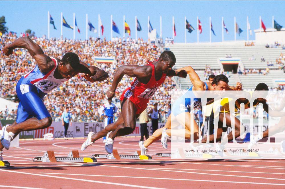 Athletics - 1987 IAAF Rome World Championships - Men s 100m Heats Canada s Ben Johnson (red) and Great Britain s Linford Christie, left, at the Stadio Olimpico. 29 08 1987