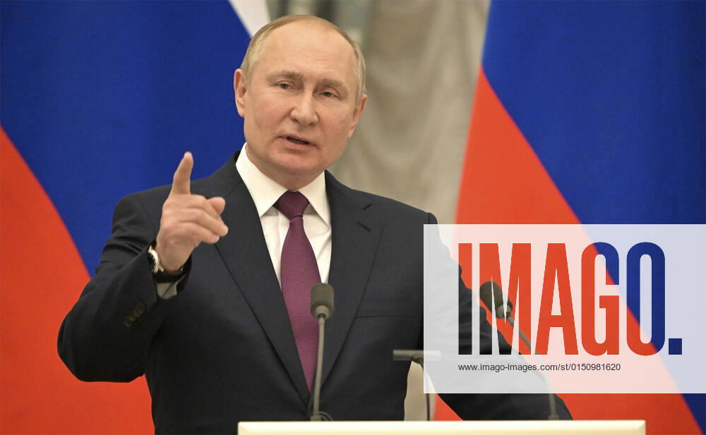 Ukraine Konflikt, Historie February 15, 2022, Moscow, Moscow Oblast, Russia: Russian President Vladimir Putin comments during a joint press conference with German Chancellor Olaf Scholz, following bilateral talks on the Ukrainian crisis at the Kremlin, February 15, 2022 in Moscow, Russia. Moscow Russia - ZUMAp138 20220215_zaa_p138_002