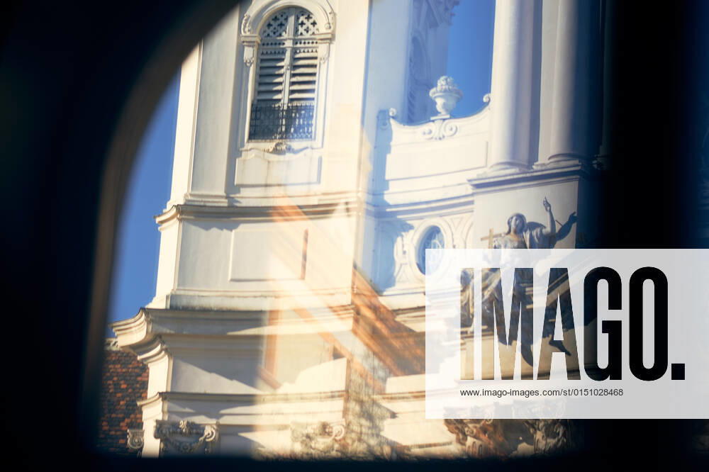WIen, Austria February 10, 2022 Cafe Maria Treu View through the window to the Basilica Maria Treu WIen Vienna Austria