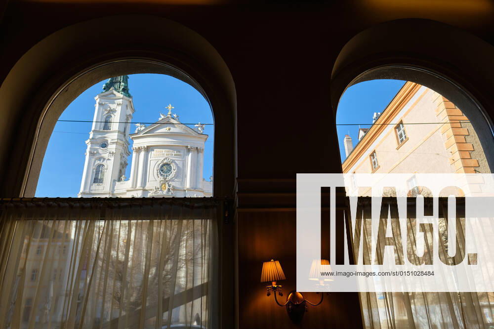 WIen, Austria February 10, 2022 Cafe Maria Treu View from the interior to the basilica Maria Treu WIen Vienna Austria