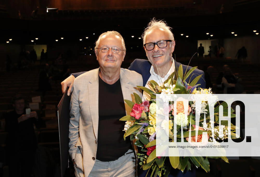 Award Winner Herbert Fritsch with Laudator Frank Castorf Berlin Theatre Prize award Ceremony on 7 May 2017 at House the Berlin Festival in Berlin
