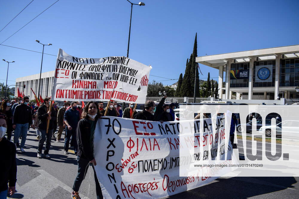 Anti-war Protesters March to the US Embassy in Athens as Ukraine Situation Simmers Protesters march towards the US embassy in Athens during a rally to demand a solution to the current threat of war in Ukraine. Athens Greece