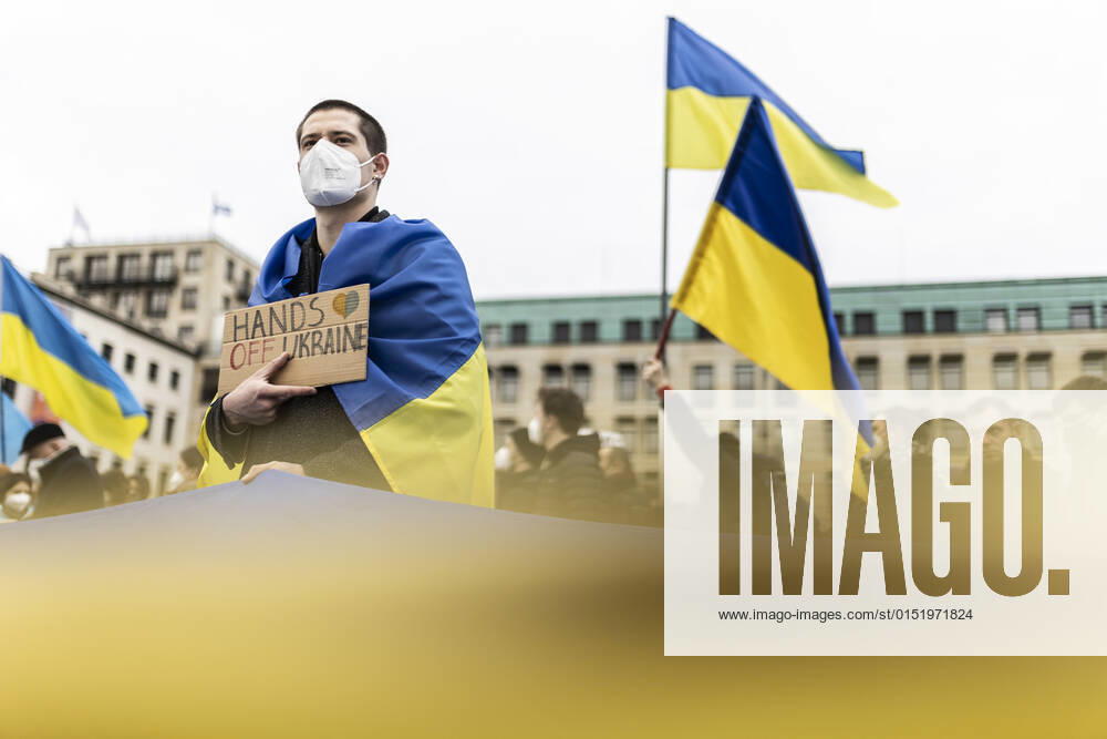 Demonstration for solidarity with Ukraine, taken in front of the Federal Chancellery in Berlin, 24 02 2022 The demonstration takes place because of the invasion of Russian soldiers into Ukraine Berlin Germany