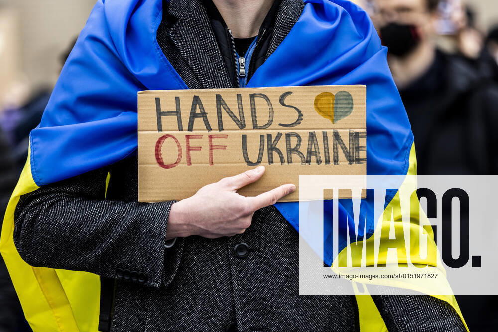 Demonstration for solidarity with Ukraine, taken in front of the Federal Chancellery in Berlin, 24 02 2022 The demonstration takes place because of the invasion of Russian soldiers into Ukraine Berlin Germany