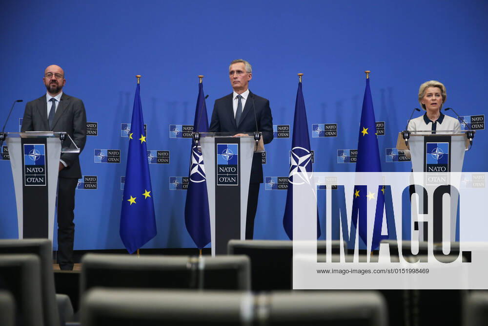 (220224) -- BRUSSELS, Feb. 24, 2022 -- European Commission President Ursula von der Leyen (R) speaks during a press conference with Secretary-General of the North Atlantic Treaty Organization (NATO) Jens Stoltenberg (C) and European Council President Charles Michel at NATO headquarters in Brussels, Belgium, Feb. 24, 2022. TO GO WITH NATO to step up presence in eastern part of alliance, not inside Ukraine ) BELGIUM-BRUSSELS-NATO-EU-PRESS CONFERENCE ZhengxHuansong