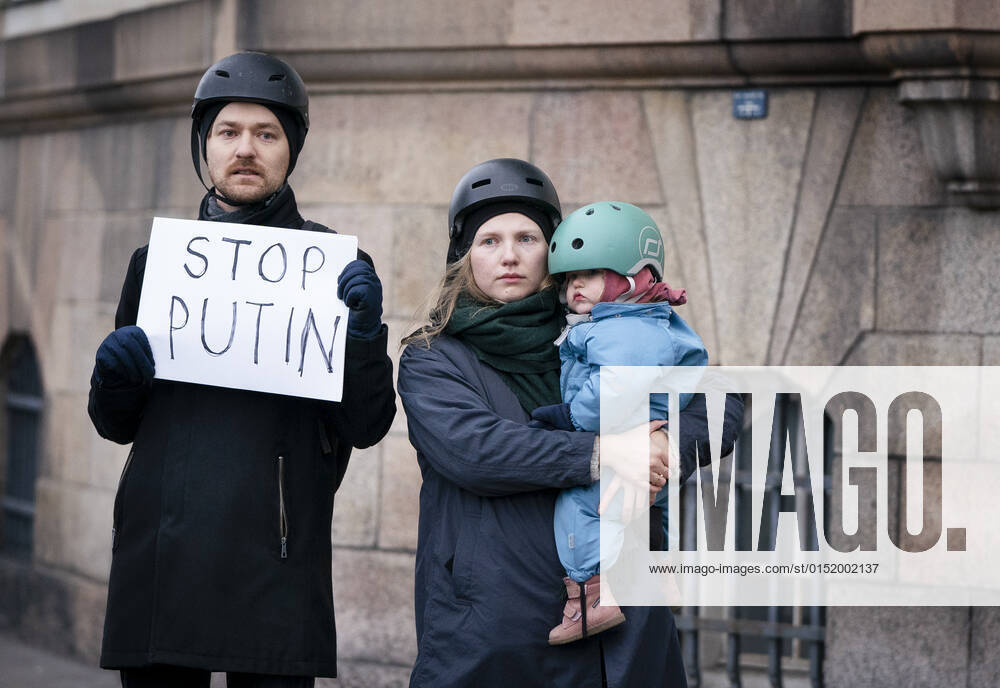 People show their dissatisfaction after Russias invasion of Ukraine at a demonstration in front of the Russian embassy in Copenhagen on Thursday, February 24, 2022, Copenhagen Denmark