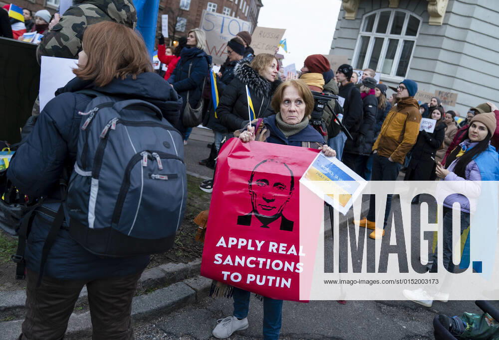 People show their dissatisfaction after Russias invasion of Ukraine at a demonstration in front of the Russian embassy in Copenhagen on Thursday, February 24, 2022, Copenhagen Denmark
