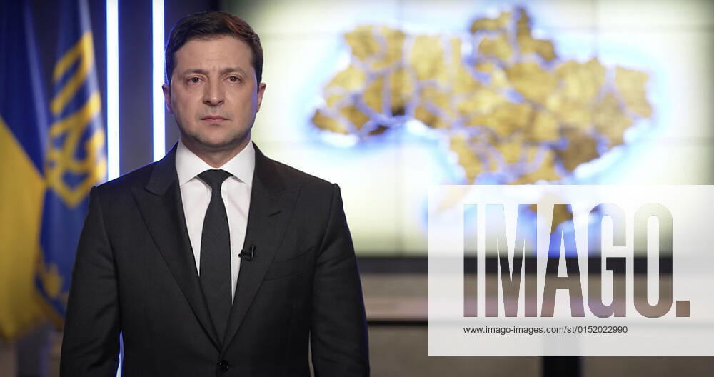 Febryary 24, 2022, Kyiv, Ukraine: Ukrainian President VOLODYMYR ZELENSKY during his address to the nation on Thursday. Zelensky tells Russian citizens they are not enemies but vows the country will defend itself against any invasion. Kyiv Ukraine - ZUMA 20220224_int_z03_037