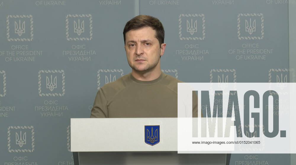 Febryary 24, 2022, Kyiv, Ukraine: Ukrainian President VOLODYMYR ZELENSKY during his address to the nation at the end of the first day of Russia s attacks on Thursday. Kyiv Ukraine - ZUMA 20220224_int_z03_038
