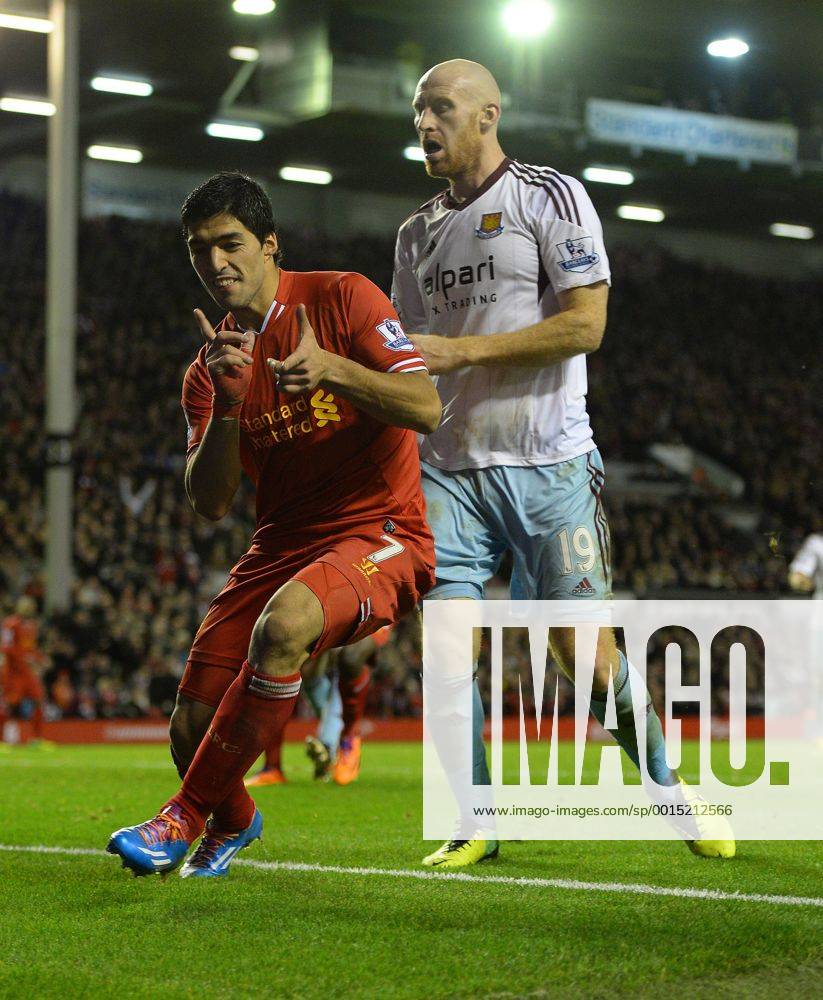 Luis Suarez of Liverpool celebrates the third goal - Barclays Premier League - Liverpool vs West Ham Utd - Anfield Stadium - Liverpool - England - 7th December 2013 - Picture Simon Bellis Sportimage .