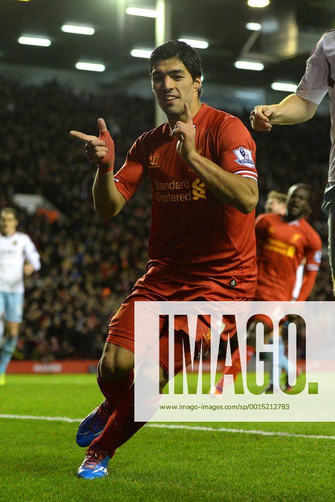 Luis Suarez of Liverpool celebrates the third goal - Barclays Premier League - Liverpool vs West Ham Utd - Anfield Stadium - Liverpool - England - 7th December 2013 - Picture Simon Bellis Sportimage .
