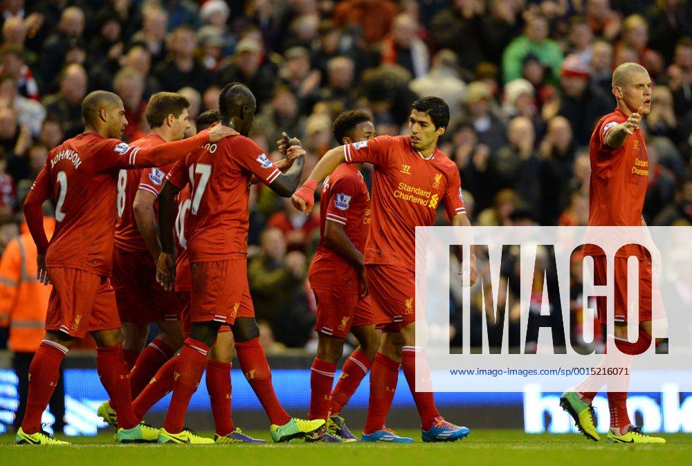 Luis Suarez of Liverpool celebrates the first goal - Barclays Premier League - Liverpool vs West Ham Utd - Anfield Stadium - Liverpool - England - 7th December 2013 - Picture Simon Bellis Sportimage .
