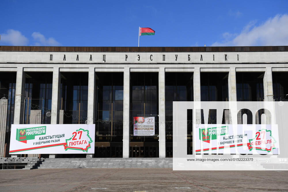 Belarus Constitutional Referendum 8127110 26.02.2022 Banners with the information about the voting in a referendum on amendments to the Belorussian constitution are pictured in Minsk, Belarus. Early voting takes place from February 22 to 26. The main voting day for the referendum is the 27th of February. Alexandr Kryazhev Sputnik Minsk Belarus