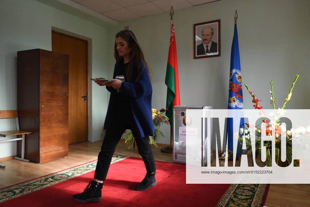 Belarus Constitutional Referendum 8127118 26.02.2022 A woman leaves after casting her ballot during an early voting in a referendum on amendments to the Belorussian constitution at a polling station in Minsk, Belarus. Early voting takes place from February 22 to 26. The main voting day for the referendum is the 27th of February. Alexandr Kryazhev Sputnik Minsk Belarus