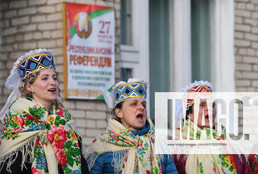 Belarus Constitutional Referendum 8128226 27.02.2022 Women wearing traditional costumes sing to attract voters during a referendum on amendments to the Belorussian constitution in the village of Ruchnoye, in Lelchitsky district of the Gomel region, Belarus. Viktor Drachev Sputnik Gomel region Belarus