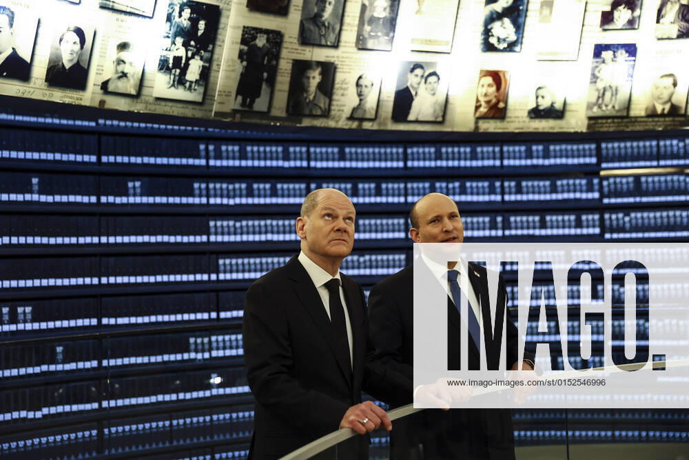 German Chancellor Olaf Scholz and Israeli Prime Minister Naftali Bennett visit the Hall of Names in a ceremony commemorating the six million Jews killed by the Nazis in the Hall of Remembrance at Yad Vashem World Holocaust Remembrance Center during a state visit in Jerusalem, Israel on Tuesday, March 2, 2022. Pool JERX20220302106 RONENxZVULUN