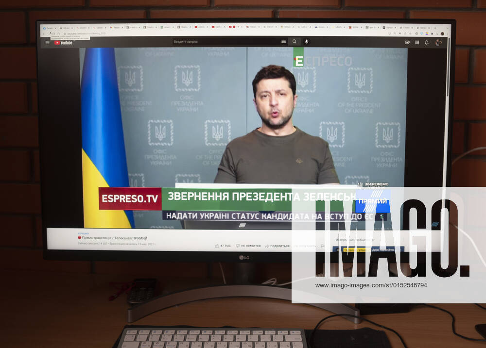 President Volodymyr Zelensky delivers an urgent televised address to the Ukrainian nation. He accuses Russia of attacking Babin Yar, a mass grave site for Jews who died during the Holocaust. He stresses that the aggressor is waging a war to destroy Ukraine, destroying its cities and villages, civilian infrastructure and committing war crimes. Kiev Ukraine - ZUMAs197 20220302_zaa_s197_029