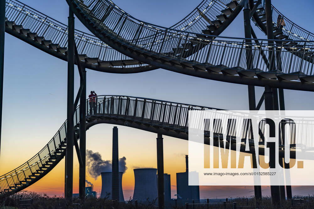 Landmark Angerpark Tiger Turtle Magic Mountain, walkable sculpture in the form of a roller coaster on the Heinrich Hildebrand Höhe slagheap, HKM steelworks, sunset, Duisburg, NRW, Germany, Tiger and Turtle